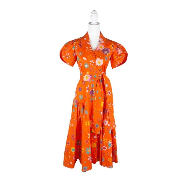 LHD Floral Cotton Poplin Midi Dress 0 Orange NEW - Picture 3 of 10